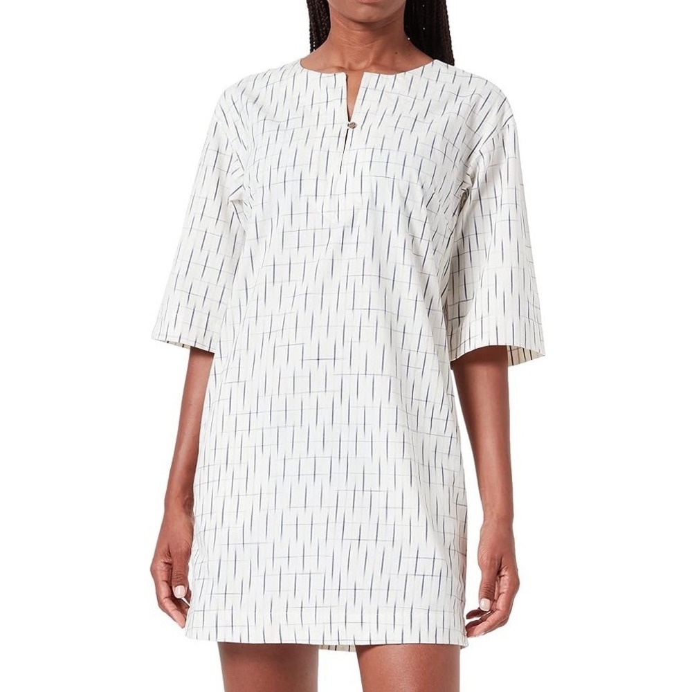 People Tree 100% Organic Cotton Tunic Shirt Dress Size 8 White Blue 3/4 BOHO